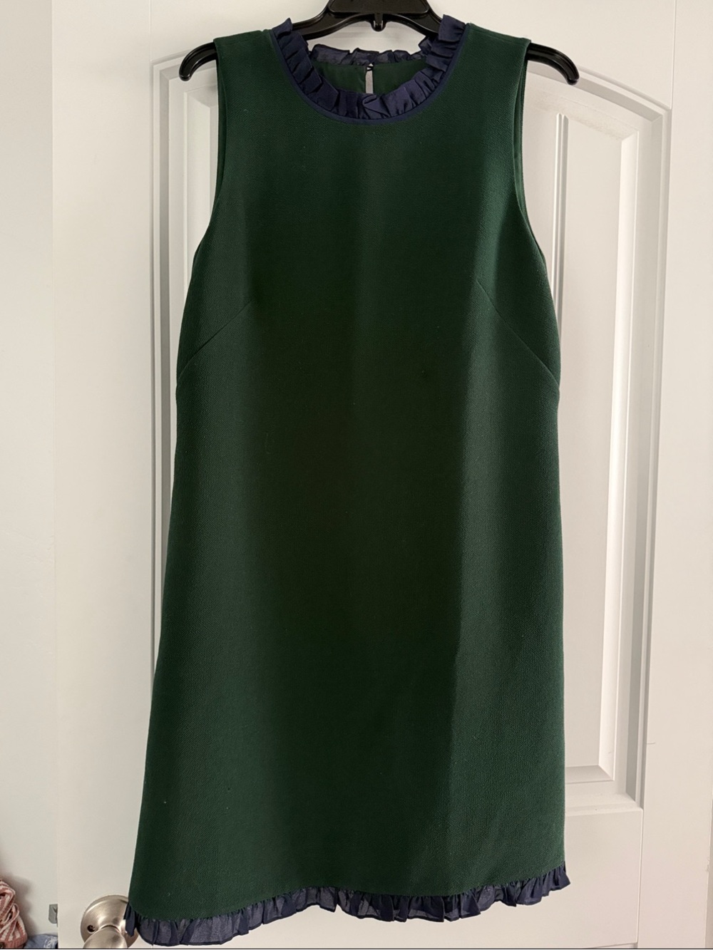 J. Crew Forest Green Shift Dress with Navy Ruffle Trim